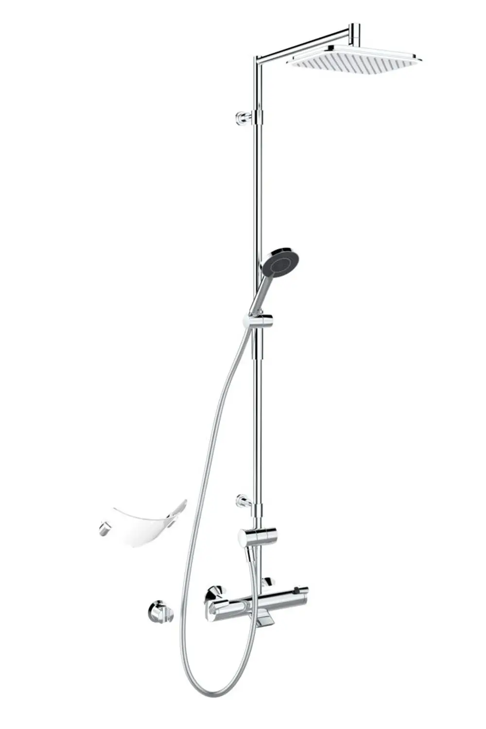 Hochwertige Duscharmatur von HANSA mit quadratischem Kopfbrause und Handbrause. Robust und funktional, geeignet für verschiedene Duschsysteme.